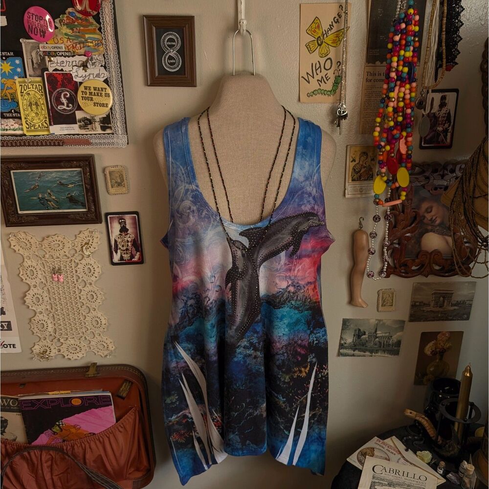 Y2K Dolphin Graphic Tank Top Women's Large Blue